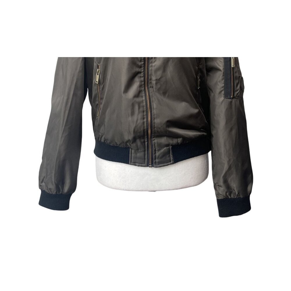 Zara Womens Bomber Jacket S‎ Satin Full Zip Aviator Green Pockets Short Satin - Picture 4 of 11